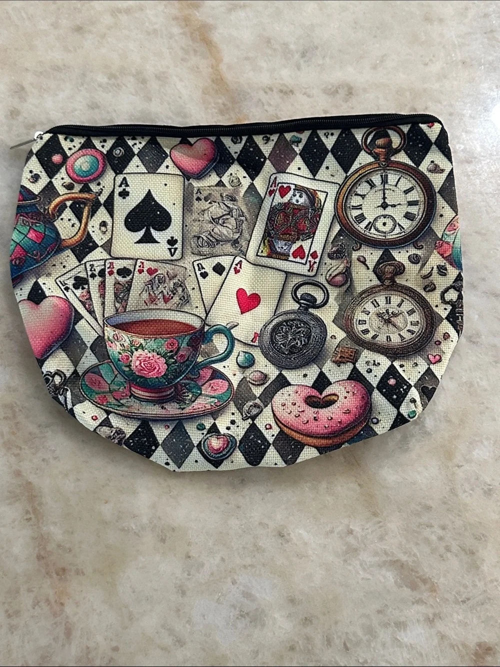 Vintage Tea & Cards Cosmetic Pouch - Pink, Black, Cream